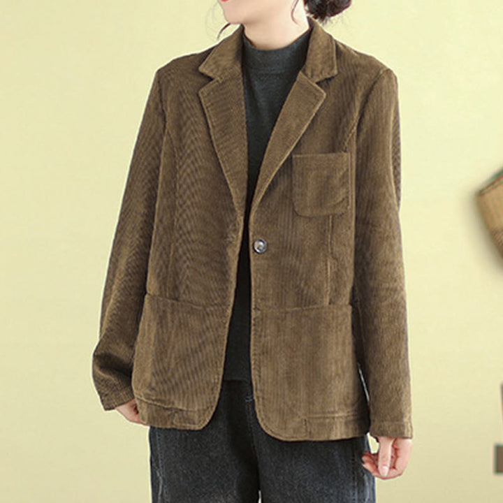 Veste blazer en velours côtelé de coton uni rétro Buddha Stones pour femme avec poches - image 6