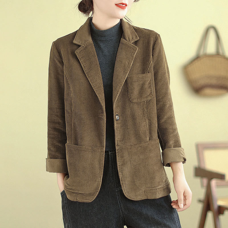 Veste blazer en velours côtelé de coton uni rétro Buddha Stones pour femme avec poches - Verge d'or foncée - US12，UK/AU16，EU44 (2XL) - image 1