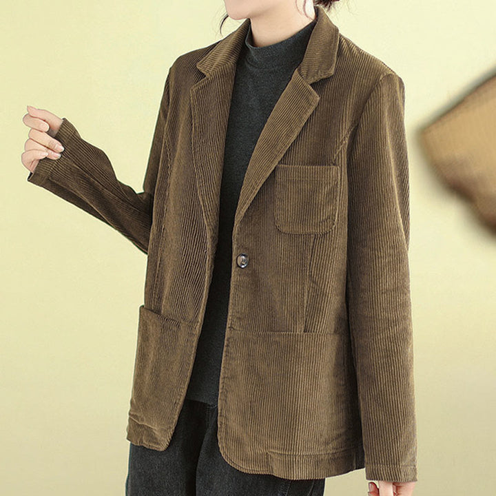 Veste en velours côtelé unie rétro à manches longues pour femme Buddha Stones avec poches - image 3