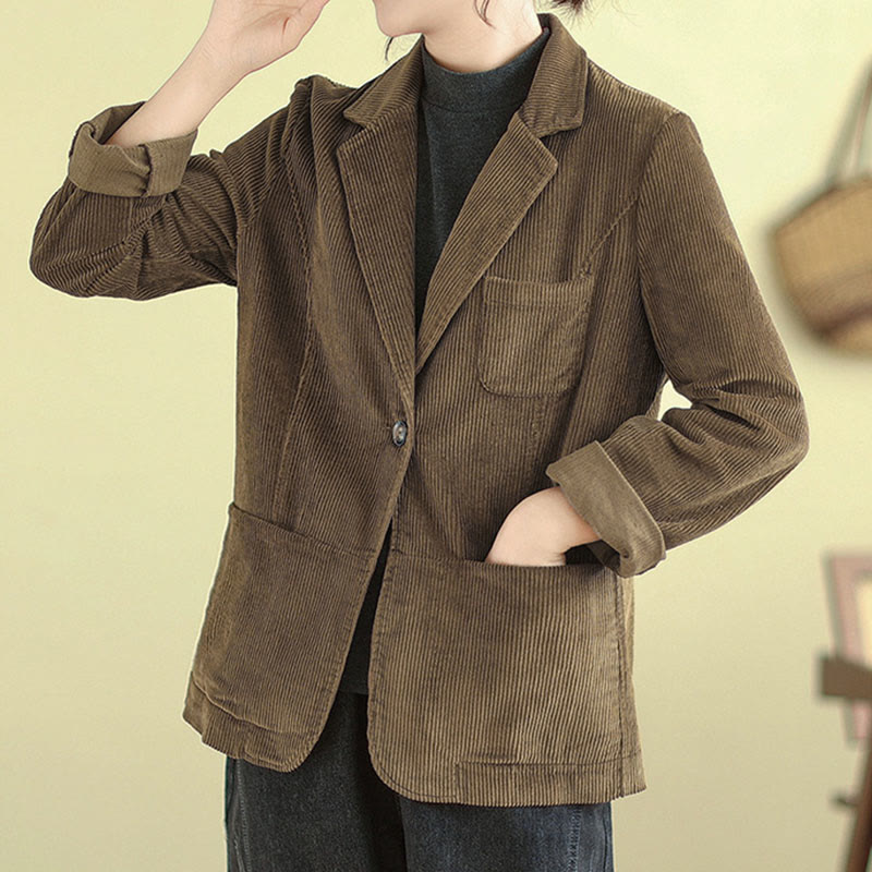 Veste en velours côtelé unie rétro à manches longues pour femme Buddha Stones avec poches - image 1