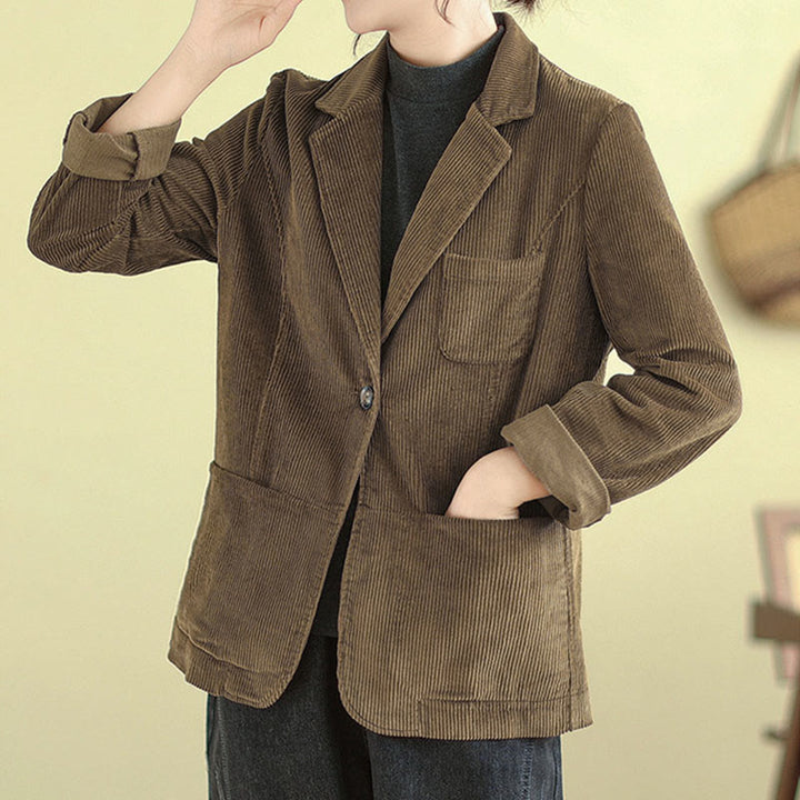 Veste en velours côtelé unie rétro à manches longues pour femme Buddha Stones avec poches - image 1