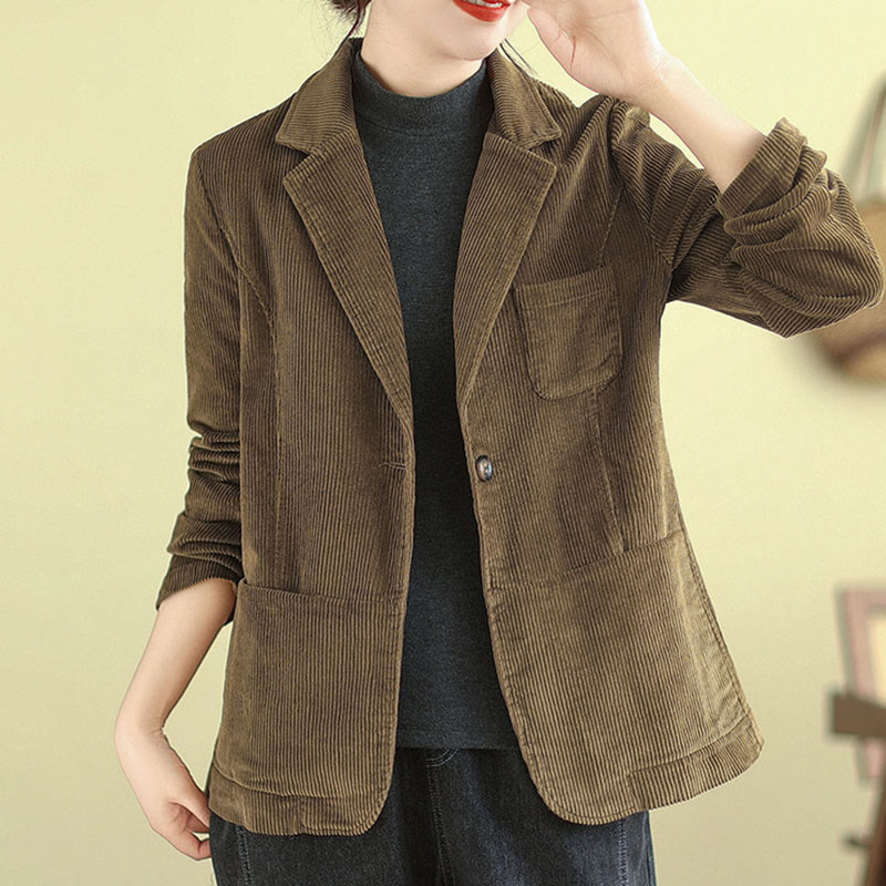 Veste blazer en velours côtelé de coton uni rétro Buddha Stones pour femme avec poches - image 3
