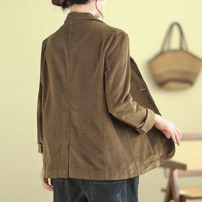 Veste blazer en velours côtelé de coton uni rétro Buddha Stones pour femme avec poches - image 5