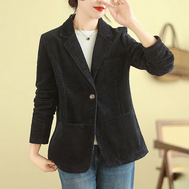Veste blazer en velours côtelé de coton uni rétro Buddha Stones pour femme avec poches - image 24