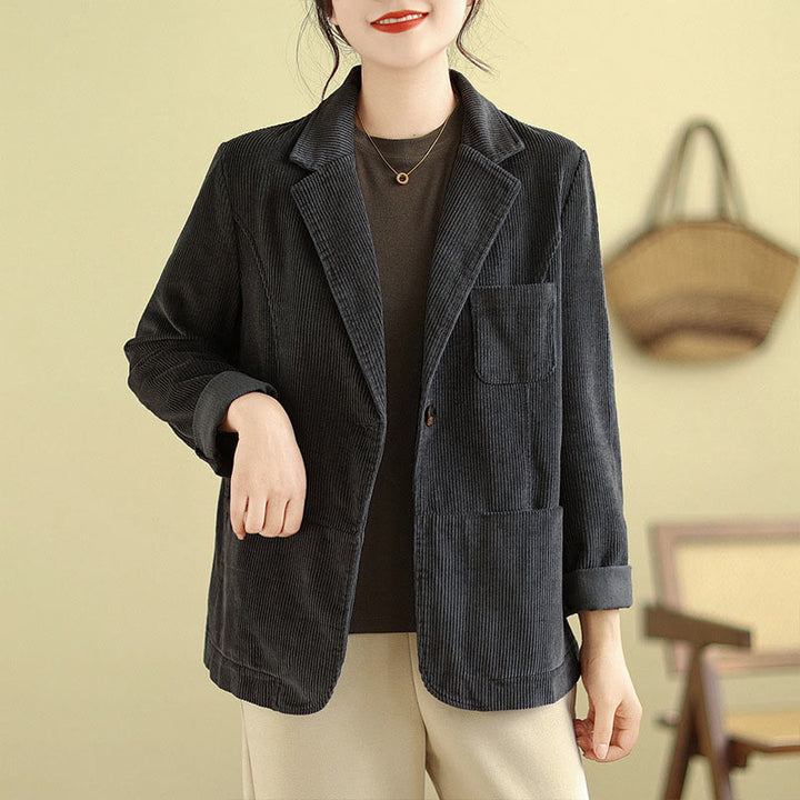 Veste blazer en velours côtelé de coton uni rétro Buddha Stones pour femme avec poches - DimGray - US12，UK/AU16，EU44 (2XL) - image 12