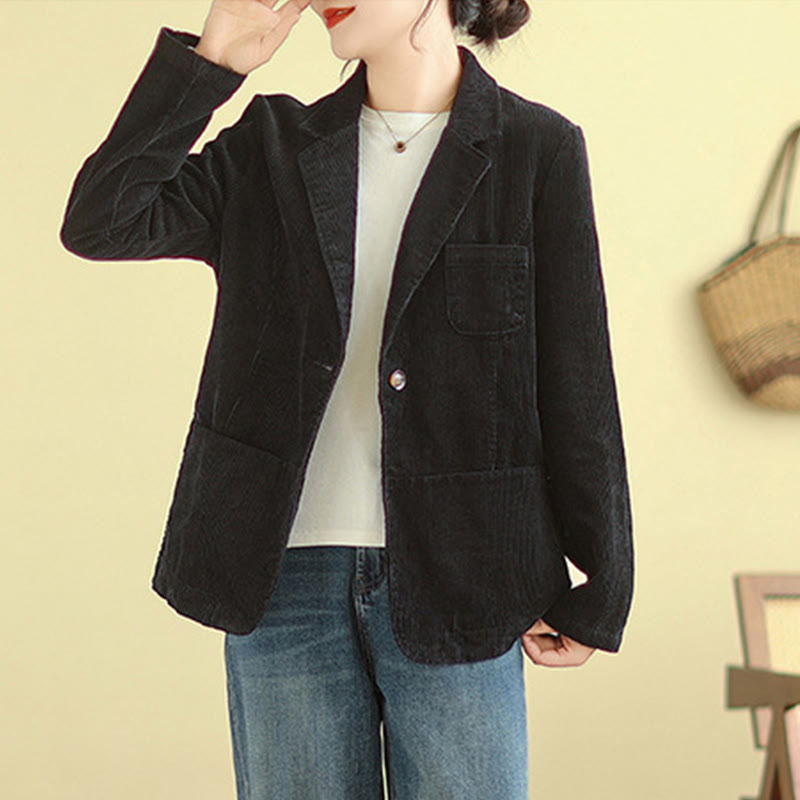 Veste blazer en velours côtelé de coton uni rétro Buddha Stones pour femme avec poches - image 26