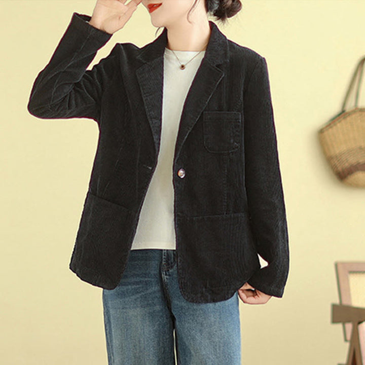 Veste blazer en velours côtelé de coton uni rétro Buddha Stones pour femme avec poches - image 26