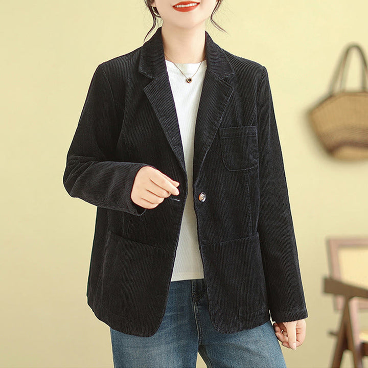 Veste blazer en velours côtelé de coton uni rétro Buddha Stones pour femme avec poches - image 27