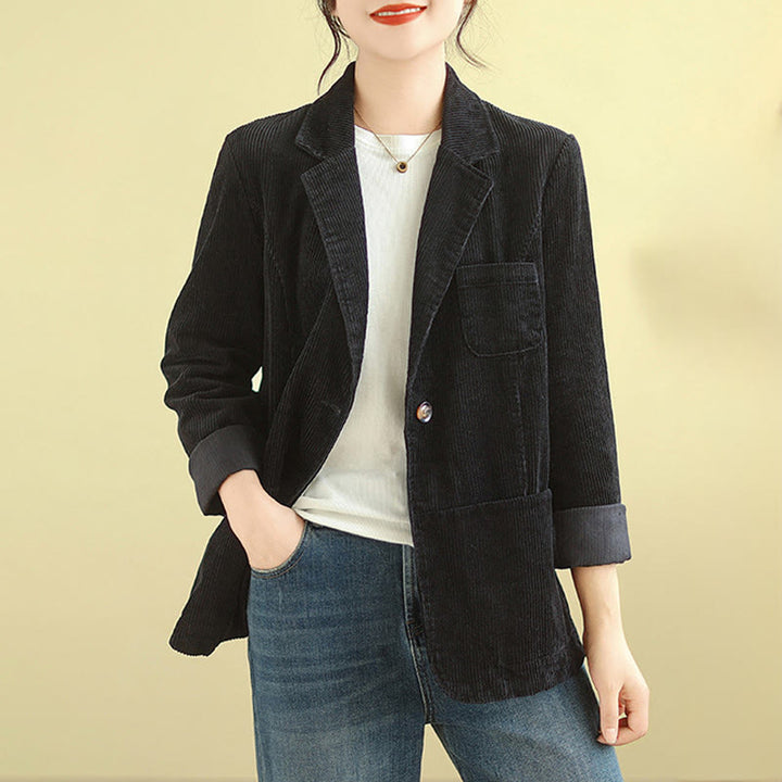 Veste blazer en velours côtelé de coton uni rétro Buddha Stones pour femme avec poches - Noir - US12，UK/AU16，EU44 (2XL) - image 23