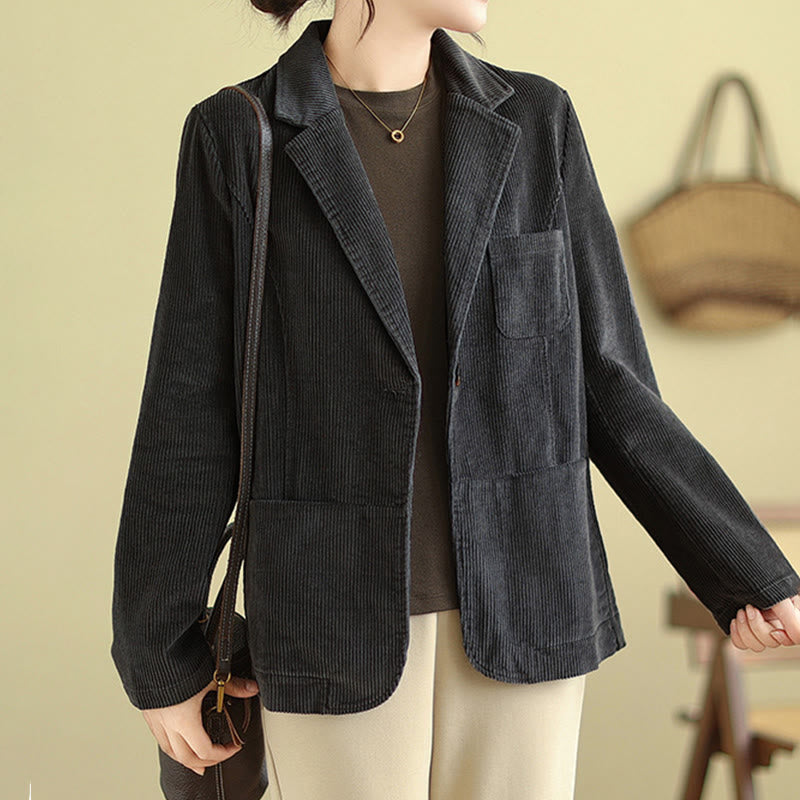 Veste blazer en velours côtelé de coton uni rétro Buddha Stones pour femme avec poches - image 15