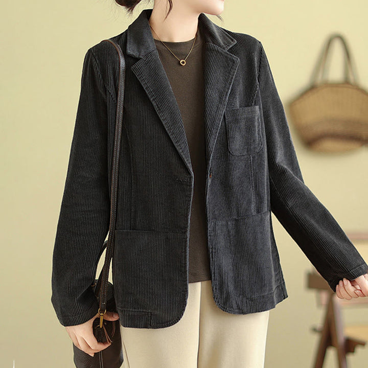 Veste blazer en velours côtelé de coton uni rétro Buddha Stones pour femme avec poches - image 15