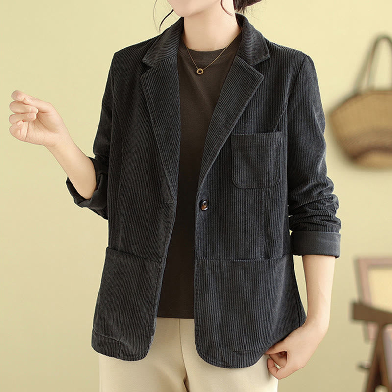 Veste blazer en velours côtelé de coton uni rétro Buddha Stones pour femme avec poches - image 14