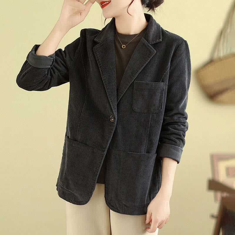 Veste blazer en velours côtelé de coton uni rétro Buddha Stones pour femme avec poches - image 13