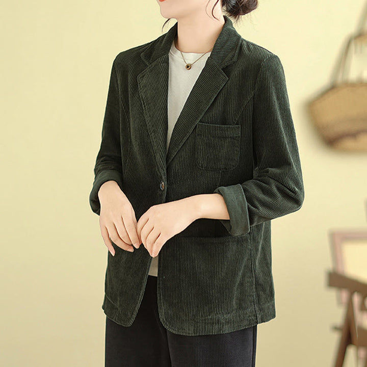 Veste blazer en velours côtelé de coton uni rétro Buddha Stones pour femme avec poches - image 21