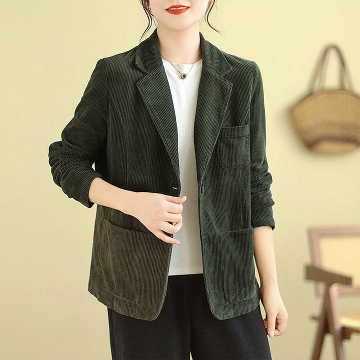 Veste blazer en velours côtelé de coton uni rétro Buddha Stones pour femme avec poches - image 19