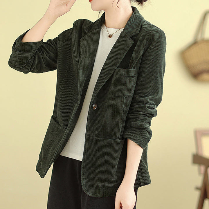 Veste blazer en velours côtelé de coton uni rétro Buddha Stones pour femme avec poches - Vert olive foncé - US12，UK/AU16，EU44 (2XL) - image 18