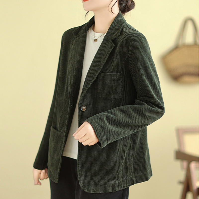 Veste blazer en velours côtelé de coton uni rétro Buddha Stones pour femme avec poches - image 20