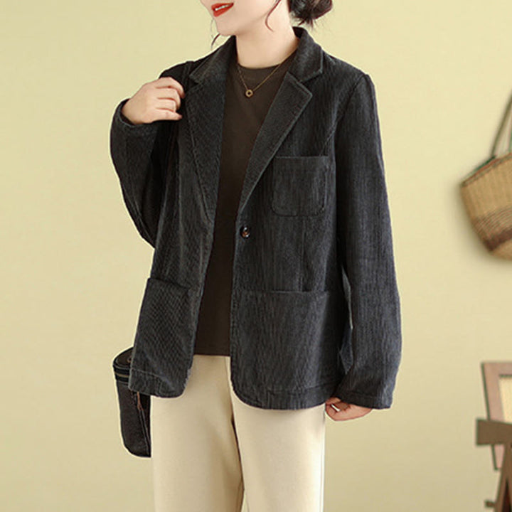 Veste blazer en velours côtelé de coton uni rétro Buddha Stones pour femme avec poches - image 17