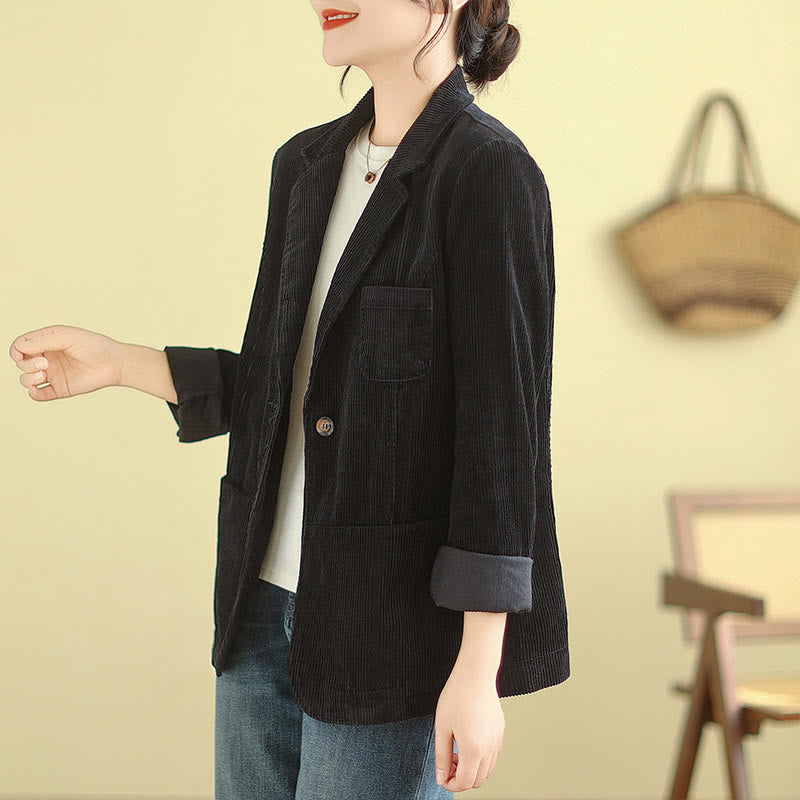 Veste blazer en velours côtelé de coton uni rétro Buddha Stones pour femme avec poches - image 28