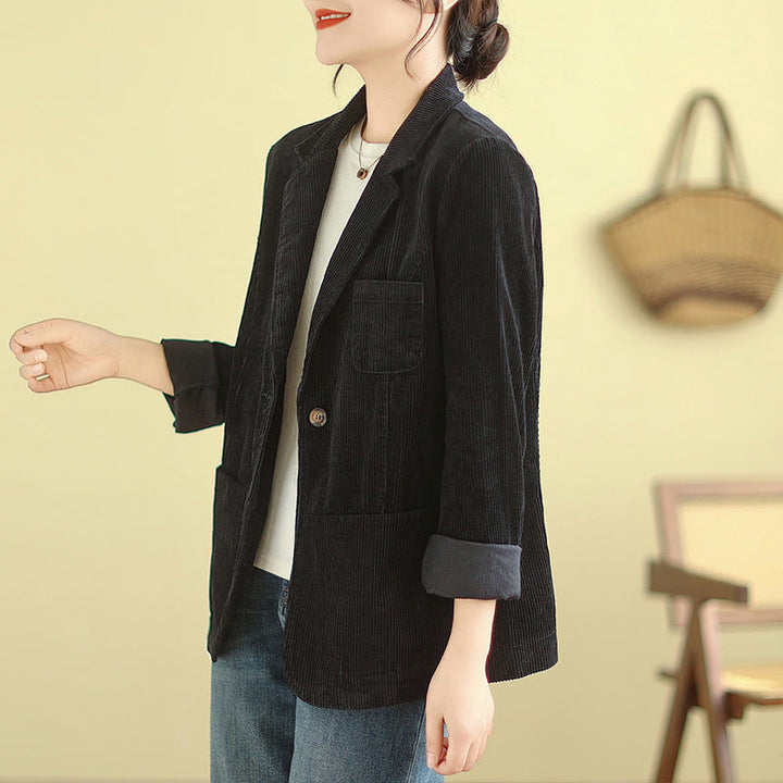 Veste blazer en velours côtelé de coton uni rétro Buddha Stones pour femme avec poches - image 28