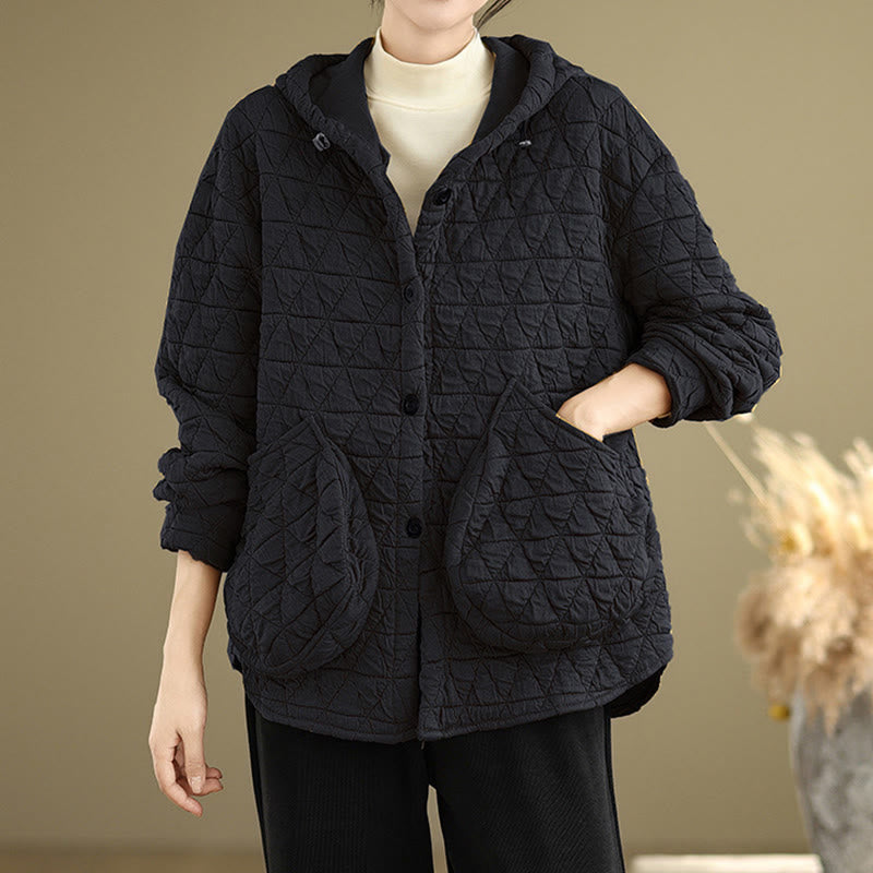 Veste à capuche en acrylique avec poches pour femme, motif rhombique rétro Buddha Stones - Noir - US14，UK/AU18，EU46 (2XL) - image 9