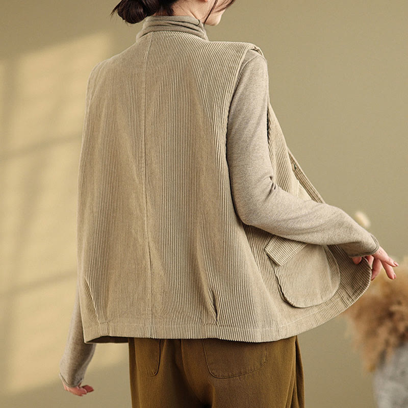Gilet sans manches en coton et velours côtelé avec poches pour femme, boutons et Buddha Stones - image 3