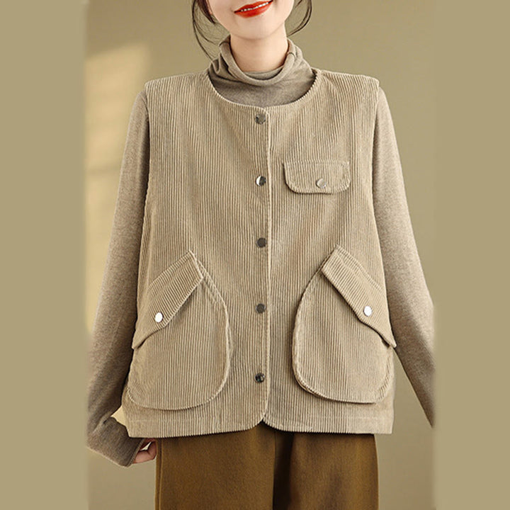 Gilet sans manches en coton et velours côtelé avec poches pour femme, boutons et Buddha Stones - image 6