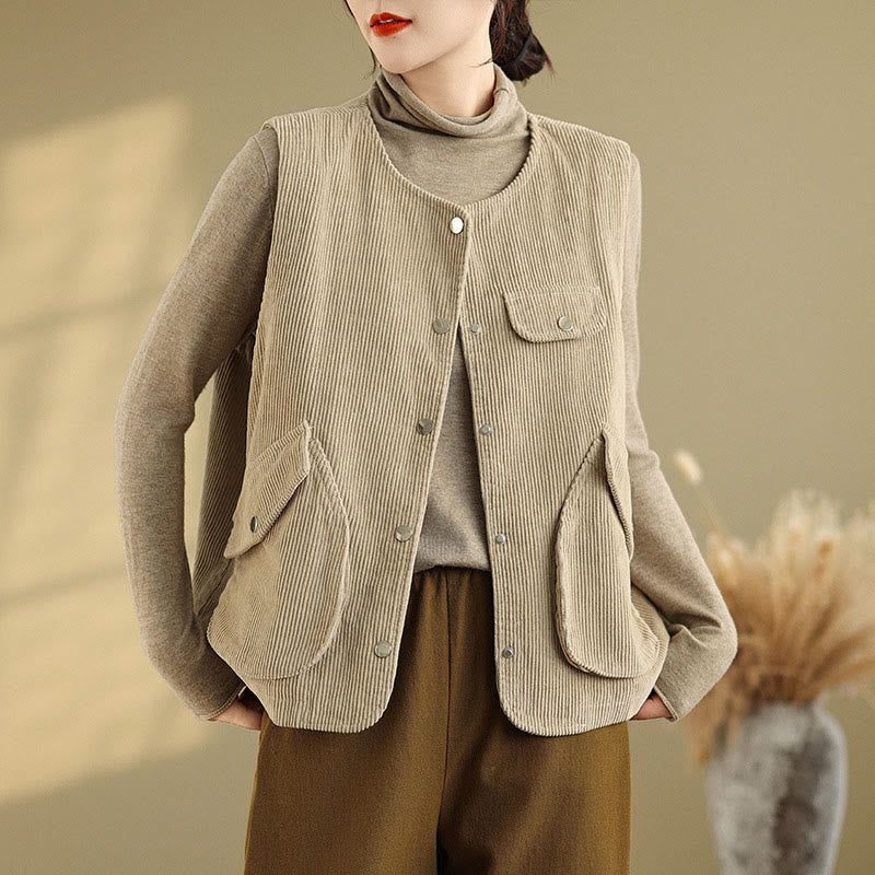 Gilet sans manches en coton et velours côtelé avec poches pour femme, boutons et Buddha Stones - Blé - US14，UK/AU18，EU46 (2XL) - image 0