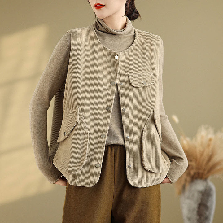 Gilet sans manches en coton et velours côtelé avec poches pour femme, boutons et Buddha Stones - Blé - US14，UK/AU18，EU46 (2XL) - image 0