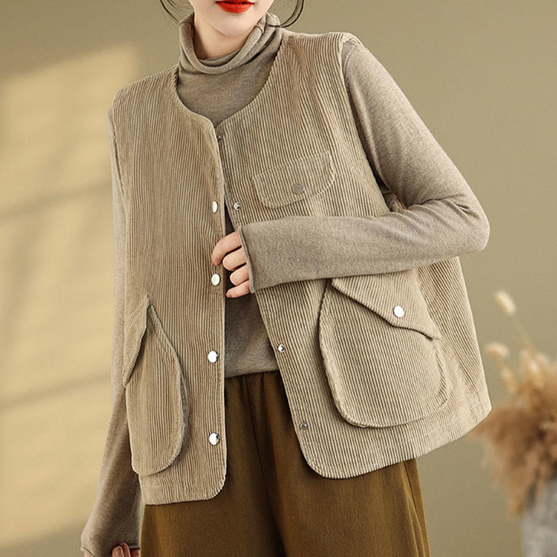 Gilet sans manches en coton et velours côtelé avec poches pour femme, boutons et Buddha Stones - image 4
