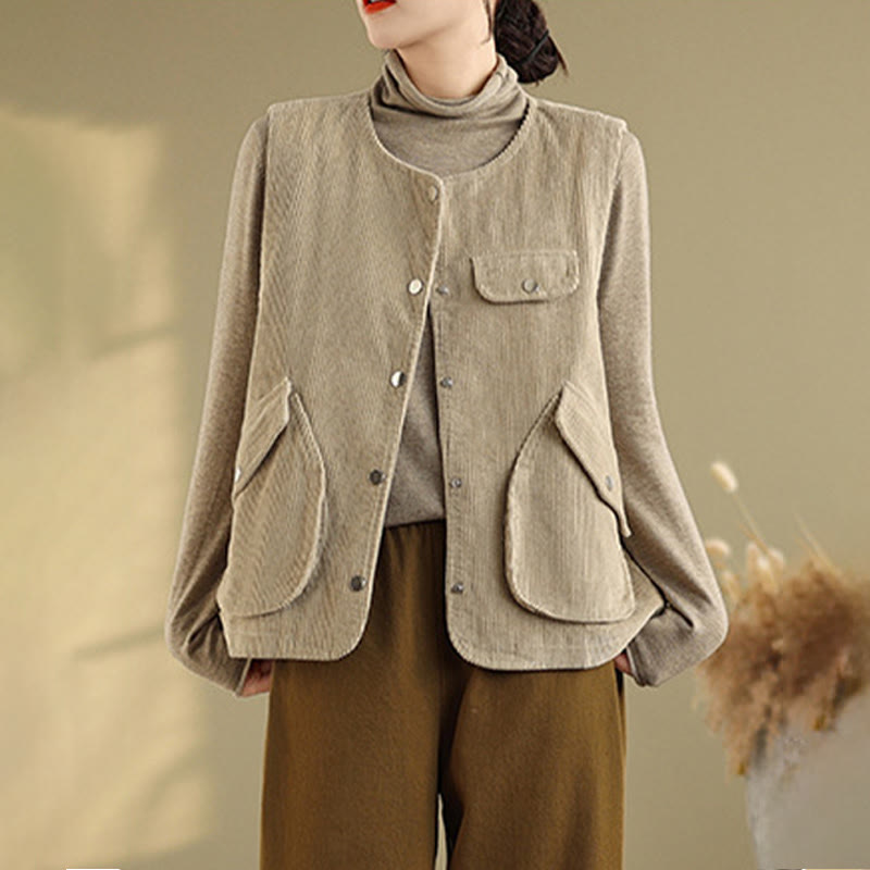 Gilet sans manches en coton et velours côtelé avec poches pour femme, boutons et Buddha Stones - image 4