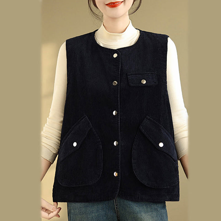 Gilet sans manches en coton et velours côtelé avec poches pour femme, boutons et Buddha Stones - image 8