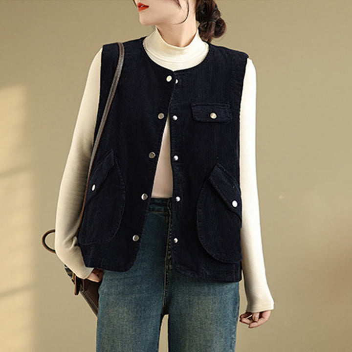 Gilet sans manches en coton et velours côtelé avec poches pour femme, boutons et Buddha Stones - Noir - US14，UK/AU18，EU46 (2XL) - image 6