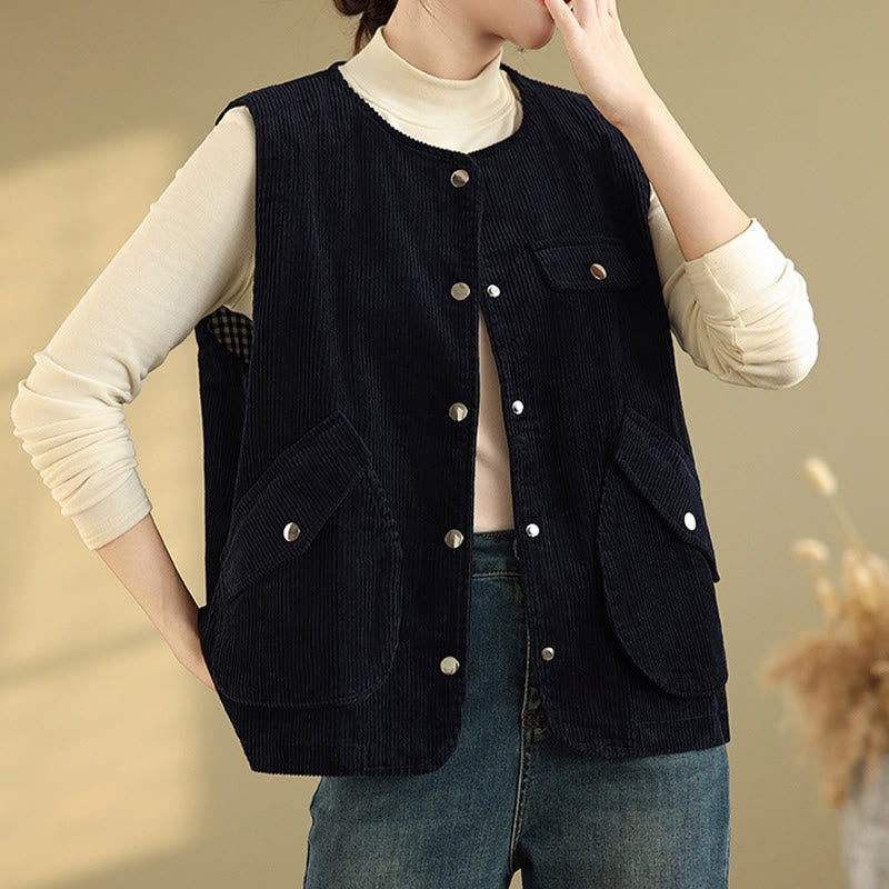 Gilet sans manches en coton et velours côtelé avec poches pour femme, boutons et Buddha Stones - image 9