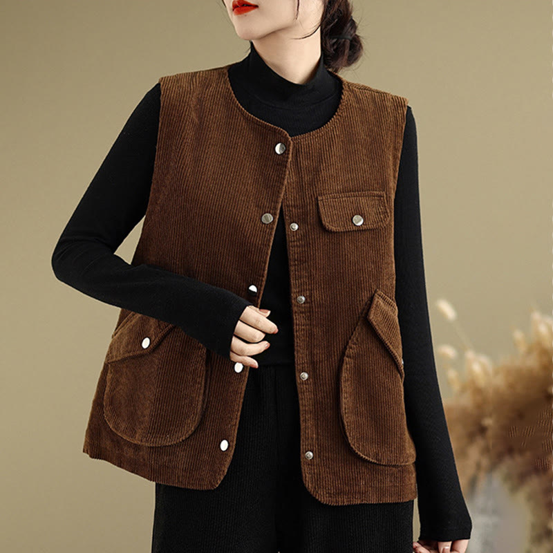 Gilet sans manches en coton et velours côtelé avec poches pour femme, boutons et Buddha Stones - image 13