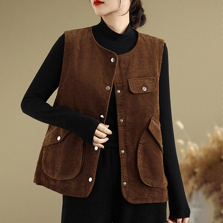 Gilet sans manches en coton et velours côtelé avec poches pour femme, boutons et Buddha Stones - image 13