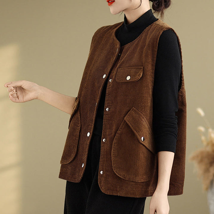 Gilet sans manches en coton et velours côtelé avec poches pour femme, boutons et Buddha Stones - image 14