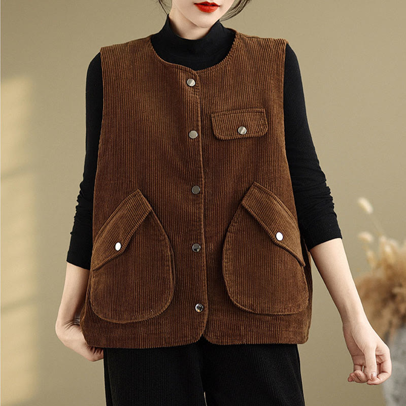 Gilet sans manches en coton et velours côtelé avec poches pour femme, boutons et Buddha Stones - Bordeaux - US14，UK/AU18，EU46 (2XL) - image 9