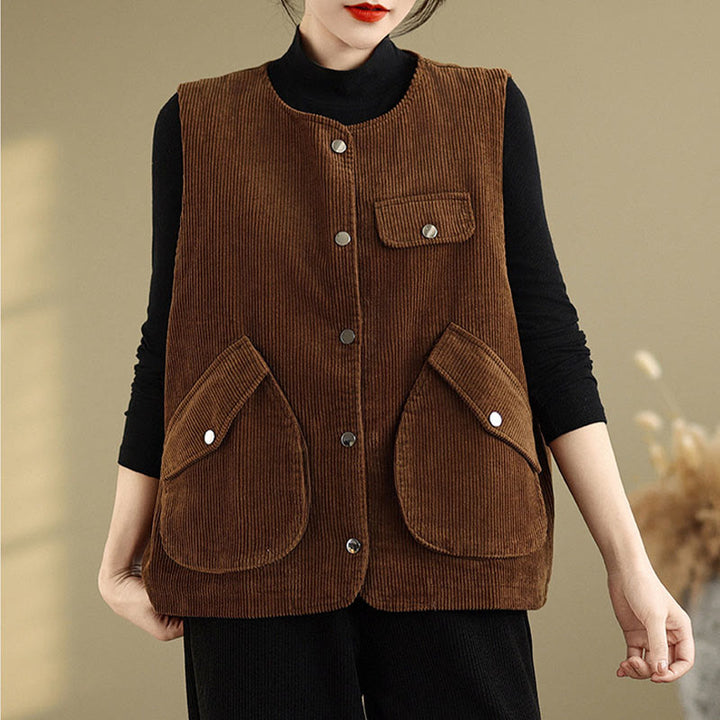 Gilet sans manches en coton et velours côtelé avec poches pour femme, boutons et Buddha Stones - Bordeaux - US14，UK/AU18，EU46 (2XL) - image 9