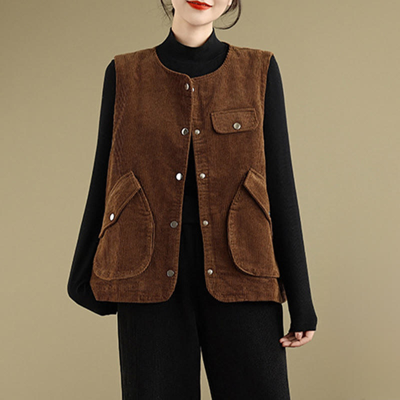 Gilet sans manches en coton et velours côtelé avec poches pour femme, boutons et Buddha Stones - image 12