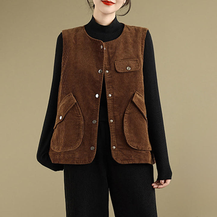 Gilet sans manches en coton et velours côtelé avec poches pour femme, boutons et Buddha Stones - image 12