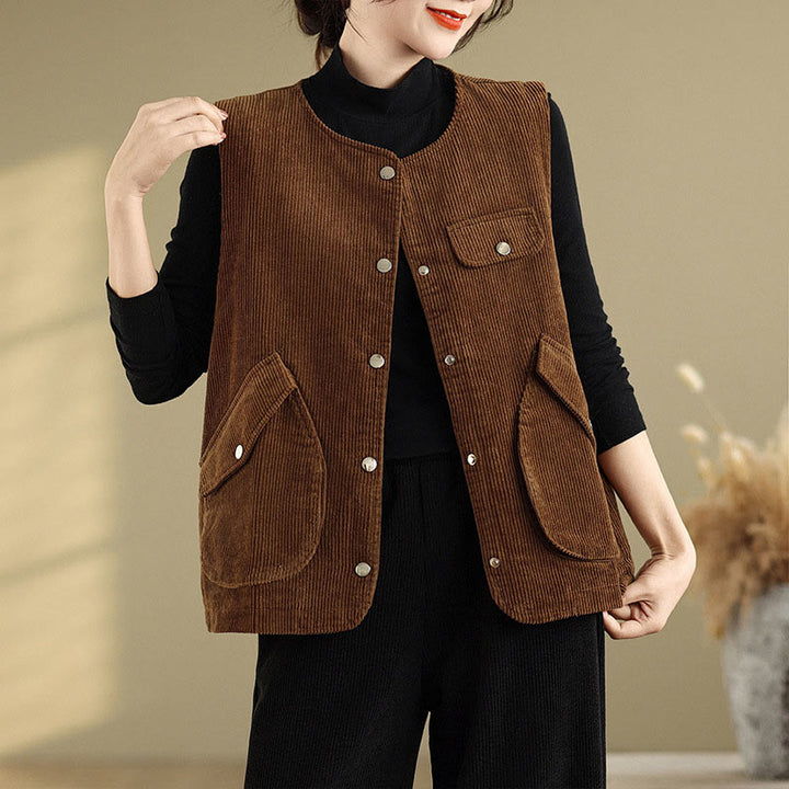 Gilet sans manches en coton et velours côtelé avec poches pour femme, boutons et Buddha Stones - image 12