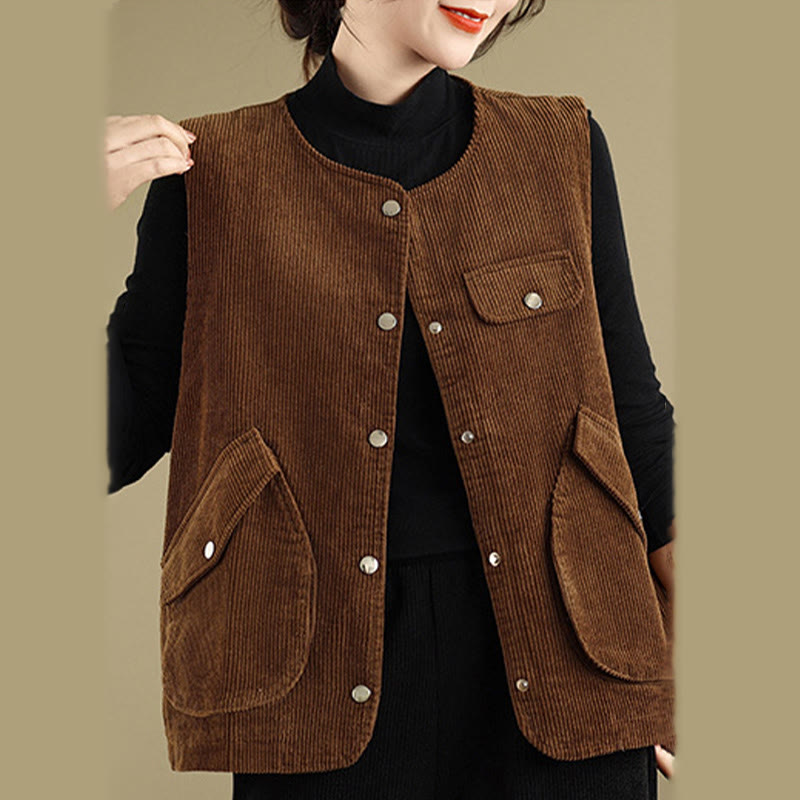 Gilet sans manches en coton et velours côtelé avec poches pour femme, boutons et Buddha Stones - image 11