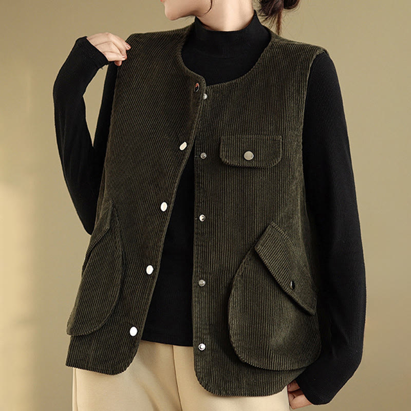 Gilet sans manches en coton et velours côtelé avec poches pour femme, boutons et Buddha Stones - image 23