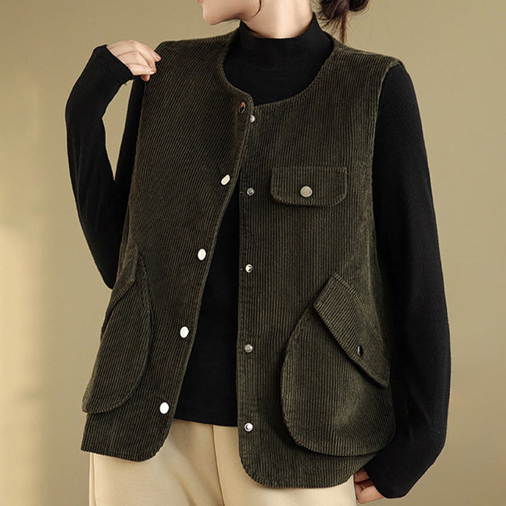 Gilet sans manches en coton et velours côtelé avec poches pour femme, boutons et Buddha Stones - image 23