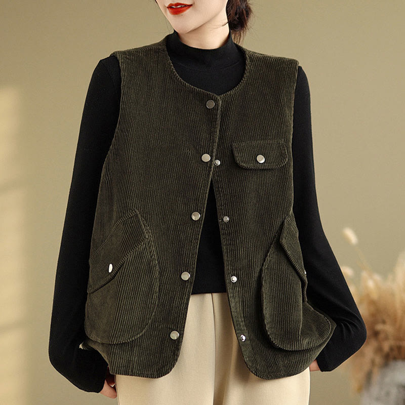 Gilet sans manches en coton et velours côtelé avec poches pour femme, boutons et Buddha Stones - Vert olive foncé - US14，UK/AU18，EU46 (2XL) - image 19