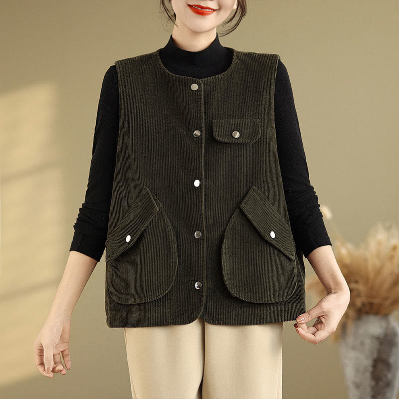 Gilet sans manches en coton et velours côtelé avec poches pour femme, boutons et Buddha Stones - image 22