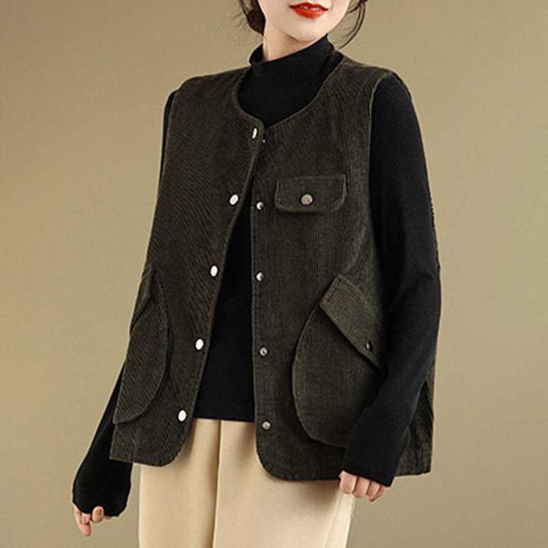 Gilet sans manches en coton et velours côtelé avec poches pour femme, boutons et Buddha Stones - image 20