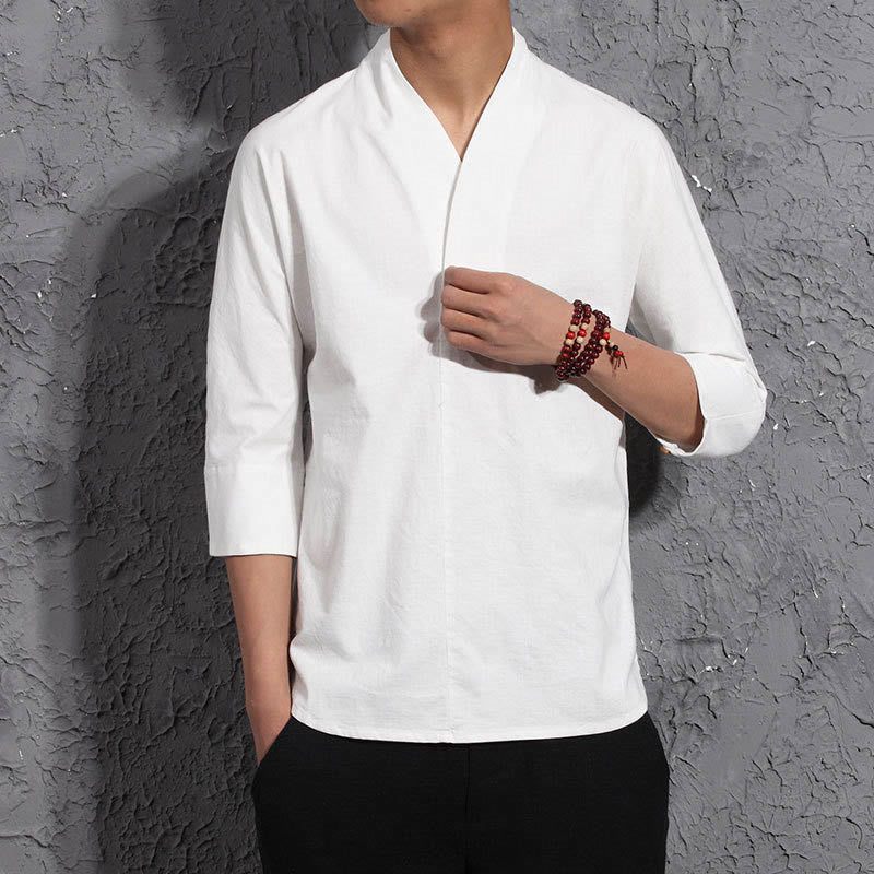 Chemise décontractée à col en V et manches trois-quarts en coton avec Buddha Stones pour homme - image 4