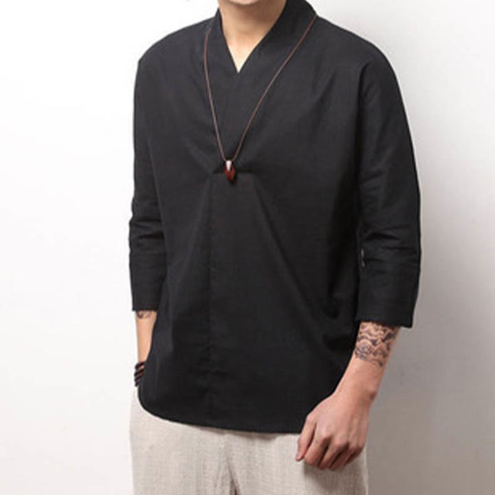 Chemise décontractée à col en V et manches trois-quarts en coton avec Buddha Stones pour homme - image 7
